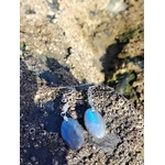Boucles d’oreilles Labradorite création Magic Gaïa posées sur roche marine bretonne, reflets bleus au soleil; intention: protection douce, intuition, apaisement.
