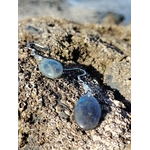 Boucles d’oreilles Labradorite création Magic Gaïa posées sur rocher breton couvert de bernacles, mer bleue en arrière-plan, reflets protecteurs et apaisants.