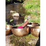 Bols tibétains dorés posés sur un rocher moussu au bord d’un ruisseau, maillet en bois et feutre rouge, ambiance nature pour apaiser l’esprit, recentrer et harmoniser en douceur.