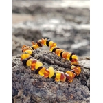 Bracelet ambre enfant baroque sur rocher face à la mer en Bretagne, perles miel et cognac pour douceur, réconfort et chaleur apaisante