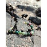 Bracelet Agate Indienne 6 mm en cercle sur rochers bretons, perles vert d’eau et tons terre au milieu des galets, souplesse émotionnelle et constance.
