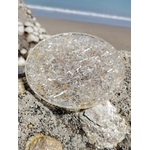 Plateau orgonite sélénite sur décor forestier en Bretagne avec mousse naturelle, disque blanc aux inclusions minérales et Fleur de Vie dorée, stabilité intérieure et atmosphère sereine.