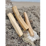Trois bâtons de Palo Santo sur rocher coquillé en Bretagne, bois clair naturel aux veines visibles, rituel de purification et énergie plus légère.