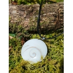 Pendentif œil de Sainte Lucie blanc à spirale naturelle sur cordon noir, présenté sur mousse verte sous une branche de bois, harmonie intérieure et énergie protectrice.