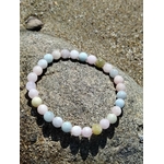 Bracelet Morganite 6 mm posé sur roche granitique en Bretagne, perles roses, bleues et vert d’eau en lumière naturelle, bijou en pierre naturelle associé à la sensibilité du cœur, au réconfort et à la sérénité.
