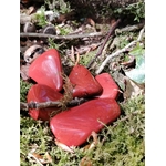 Pierres roulées de jaspe rouge sur bois naturel, pierres associées à l’ancrage, à la vitalité et à la stabilité intérieure.