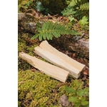 Bâton de Palo Santo du Pérou en forêt sur mousse naturelle et feuillage vert, bois blond aux nervures visibles, purification énergétique et retour au calme.