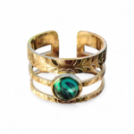 Bague pierre verte ajustable dorée en acier inoxydable sur fond blanc, anneau triple ligne et pierre verte effet malachite, élégance lumineuse et équilibre émotionnel.