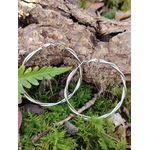 Boucles d’oreilles créoles argentées effet torsadé lisse sur mousse et écorce en forêt, acier inoxydable brillant, élégance légère et style intemporel.