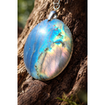 Pendentif ovale en labradorite posé sur mousse en forêt en Bretagne, pierre naturelle aux reflets bleutés et attache argentée, calme intérieur et énergie protectrice.