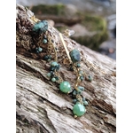Boucles d’oreilles dorées en turquoise africaine posées sur écorce naturelle, pampilles de perles vertes facettées et éclats minéraux, sérénité intérieure et style raffiné.