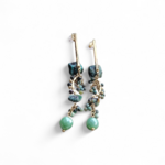 Boucles d’oreilles dorées pendantes en turquoise africaine sur fond blanc, pierres bleu-vert marbrées et pampilles délicates, élégance bohème et équilibre émotionnel.