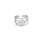 Bague fleur argentée ajustable sur fond blanc, acier inoxydable brillant avec anneaux texturés et strass discrets, allure élégante et féminine.