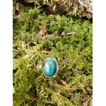 Bague chrysocolle argent 925 réglable posée dans la mousse en extérieur, pierre ovale bleu turquoise, apaisement, communication et harmonie émotionnelle.