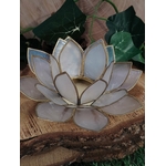 Photophore lotus nacré doré posé sur tranche de bois avec feuillage en fond, décoration spirituelle élégante pour bougie chauffe-plat.