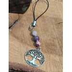 Bijou de téléphone arbre de vie en pierres naturelles rose et lilas, accessoire pour smartphone avec perles facettées, tendresse et harmonie émotionnelle.