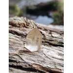 Pointe citrine naturelle sur écorce en extérieur, pierre jaune miel translucide posée sur bois, lumière solaire, clarté mentale et énergie positive.