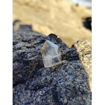 Pointe citrine naturelle posée sur roche sombre en extérieur, pierre translucide aux reflets doux, concentration, optimisme et énergie lumineuse.