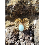 Bague dorée réglable en acier inoxydable avec Amazonite ovale bleu-vert, monture ajourée élégante, apaisement et communication douce.