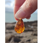 Goutte d’Ambre baltique tenue à la lumière en bord de mer breton, matière translucide miel doré, douceur intérieure et rayonnement personnel.