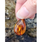Ambre baltique goutte en gros plan devant les rochers bretons, résine fossile lumineuse aux inclusions dorées, vitalité et sérénité.