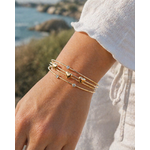 Bracelet jonc doré porté au poignet en lumière naturelle, fils délicats ornés de cœurs et strass, allure chic et solaire.