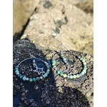Boucles d’oreilles en turquoise africaine facettée dans un décor naturel breton, créoles en acier inoxydable avec perles marbrées vert bleuté, intercalaires argentés et breloques étoiles.