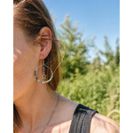 Boucles d’oreilles turquoise africaine portées en lumière naturelle, perles vert bleuté et petites étoiles argentées.