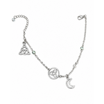 Chaîne de cheville triquetra et lune détourée sur fond blanc, acier inoxydable argenté avec labradorite et aqua aura 4 mm.