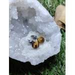 Boucles puces en œil de tigre naturel posées sur mousse, perles lumineuses brun doré avec montage en acier inoxydable.