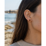 Puces d’oreilles œil de tigre portées en décor marin breton, petites perles 6 mm aux nuances miel et brun chaud.