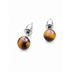 Paire de puces en œil de tigre 6 mm sur fond blanc, petites pierres rondes brun miel avec éclats dorés et tiges argentées.