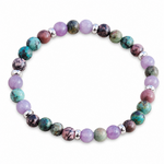 Bracelet équilibre émotionnel sur fond blanc, perles 6 mm en rhodonite, tourmaline rose et turquoise africaine pour recentrage.