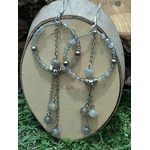 Boucles créoles labradorite argentées sur rondin de bois et herbe, longues chaînes mobiles et reflets gris bleutés apaisants.