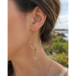 Version dorée des créoles labradorite portée face à la mer, bijou lumineux avec chaîne centrale pour protection symbolique.