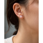 Puces Quartz Rose portées à l’oreille, bijou discret en acier inoxydable pour apaisement émotionnel et tendresse.