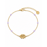 Bracelet Améthyste feuille dorée détouré sur fond blanc, fermoir mousqueton, chaîne de rallonge visible et médaillon S.STEEL pour calme, clarté et détente.