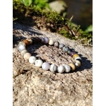 Bracelet 6 mm Merlinite en opale dendritique, perles polies aux nuances crème, taupe, grises et noires pour harmonie, ancrage tellurique et exploration spirituelle.