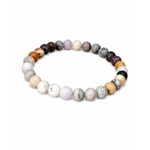 Bracelet Merlinite 6 mm en opale dendritique, perles rondes aux dessins contrastés noir, beige et gris pour ancrage, intuition et équilibre intérieur.sur fond blanc