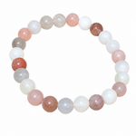 Bracelet Pierre de Lune beige multicolore détouré sur fond blanc, perles naturelles pastel montées sur élastique au rendu doux et lumineux.
