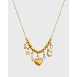 Collier doré cœur lune étoile détouré sur fond blanc, chaîne fine en acier inoxydable avec breloques célestes et cœur central brillant.