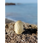 Bague dorée ovale texturée en acier inoxydable sur roche coquillée en bord de mer, motif relief lumineux et style bohème chic.