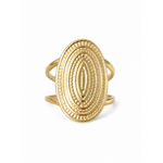 Bague dorée ovale texturée détourée sur fond blanc, bijou acier inoxydable au plateau travaillé avec lignes concentriques.