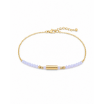 Bracelet Améthyste acier inoxydable doré détouré sur fond blanc, perles violettes et breloque longue pour intuition.