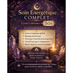 Visuel Soin Énergétique complet, soin à distance sur 3 jours à 50 €, avec cristaux, bougie et décor cosmique violet pour clarté et équilibre.