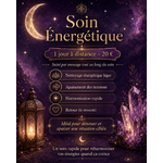Visuel Soin Énergétique 1 jour à distance à 20 €, avec lanterne, lune, améthystes et ambiance violette pour apaisement et harmonisation.