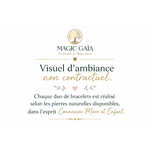 Visuel d’ambiance Magic Gaïa sur fond blanc indiquant que chaque duo de bracelets Connexion Mère et Enfant dépend des pierres disponibles.