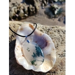 Collier Agate Mousse présenté sur coquillage au bord de l’eau en Bretagne, bijou lié à l’ancrage doux.