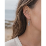 Boucles d’oreilles Labradorite Magic Gaïa portées en bord de mer, trois perles rondes bleu gris, intuition douce.
