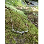 Bijou Labradorite en décor forestier, chaîne argentée délicate et pierres grises associées à la protection énergétique.